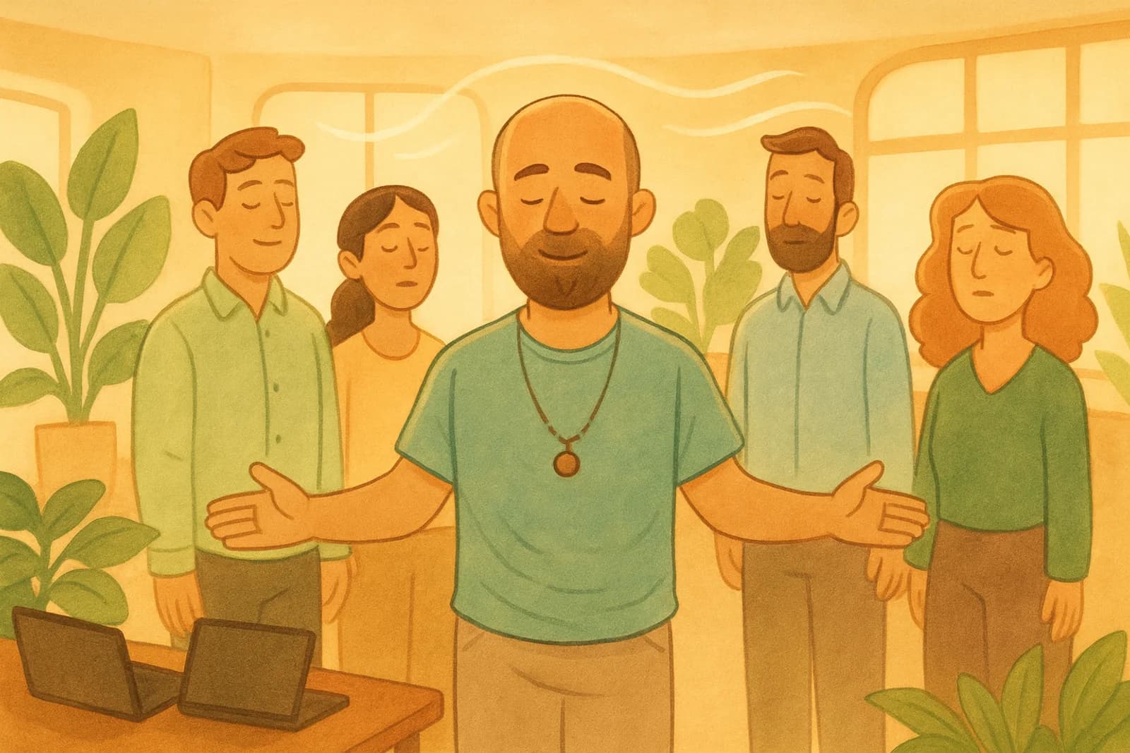 איור: אסף מוביל תרגול נשימה לצוות עובדים במשרד